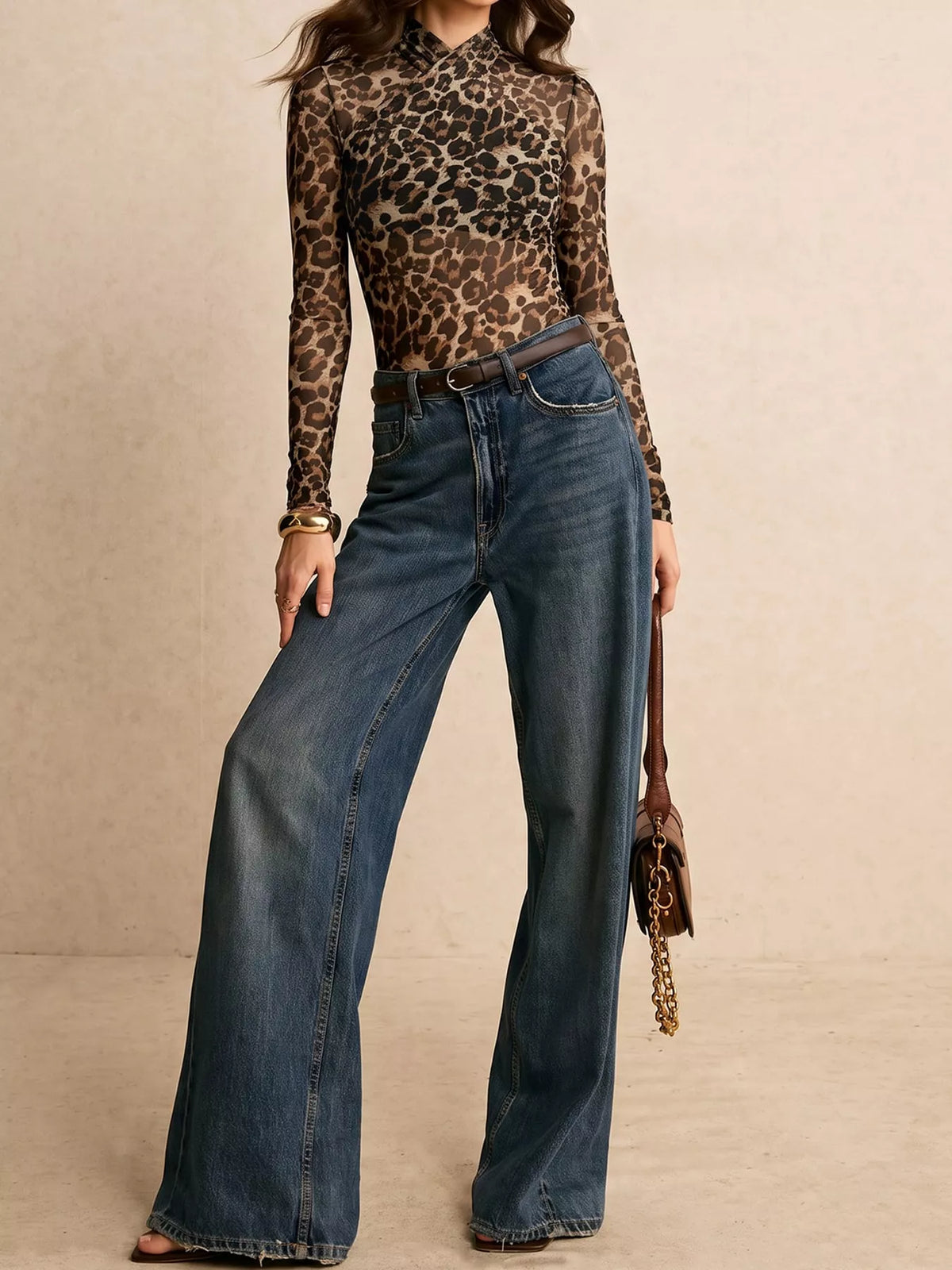 Leopard Print Mesh Long Sleeve Mock Neck Bodysuit — front view
