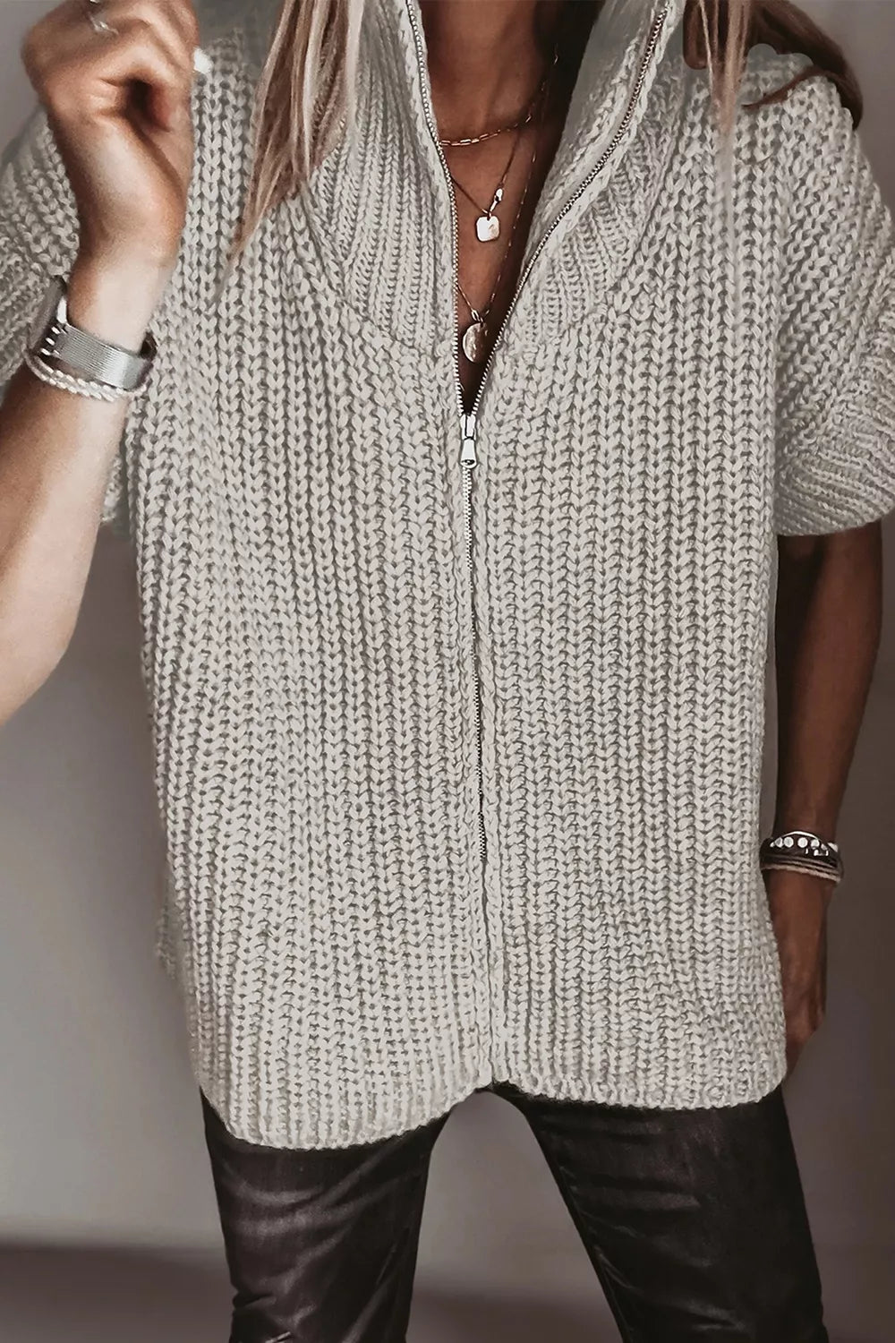 Trendsi Solid Color Short Sleeve Zipper Knit High Neck Sweater -