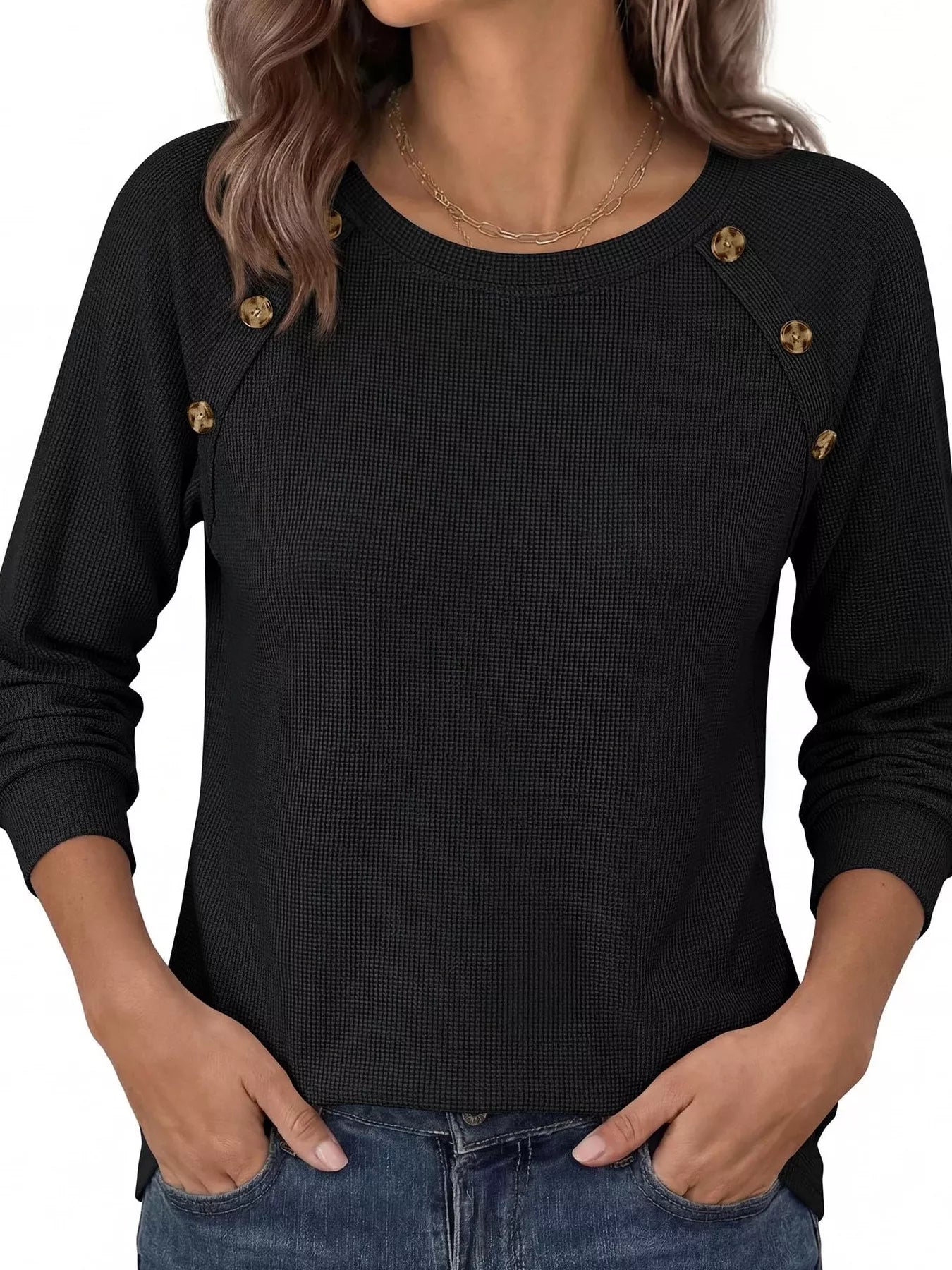 Trendsi Decorative Button Waffle Knit Long Sleeve T-Shirt -