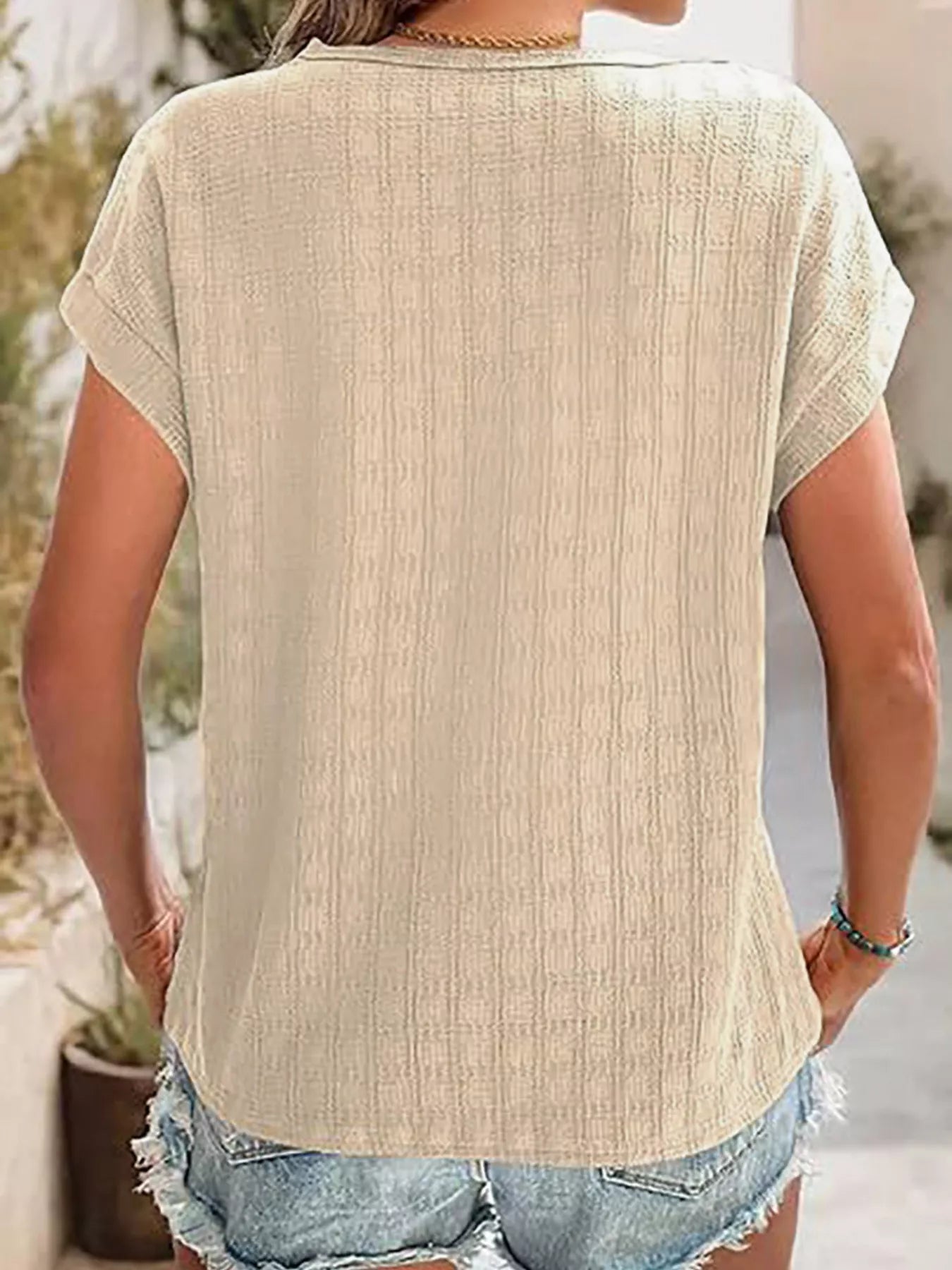 Trendsi Textured Round Neck Short Sleeve Top -