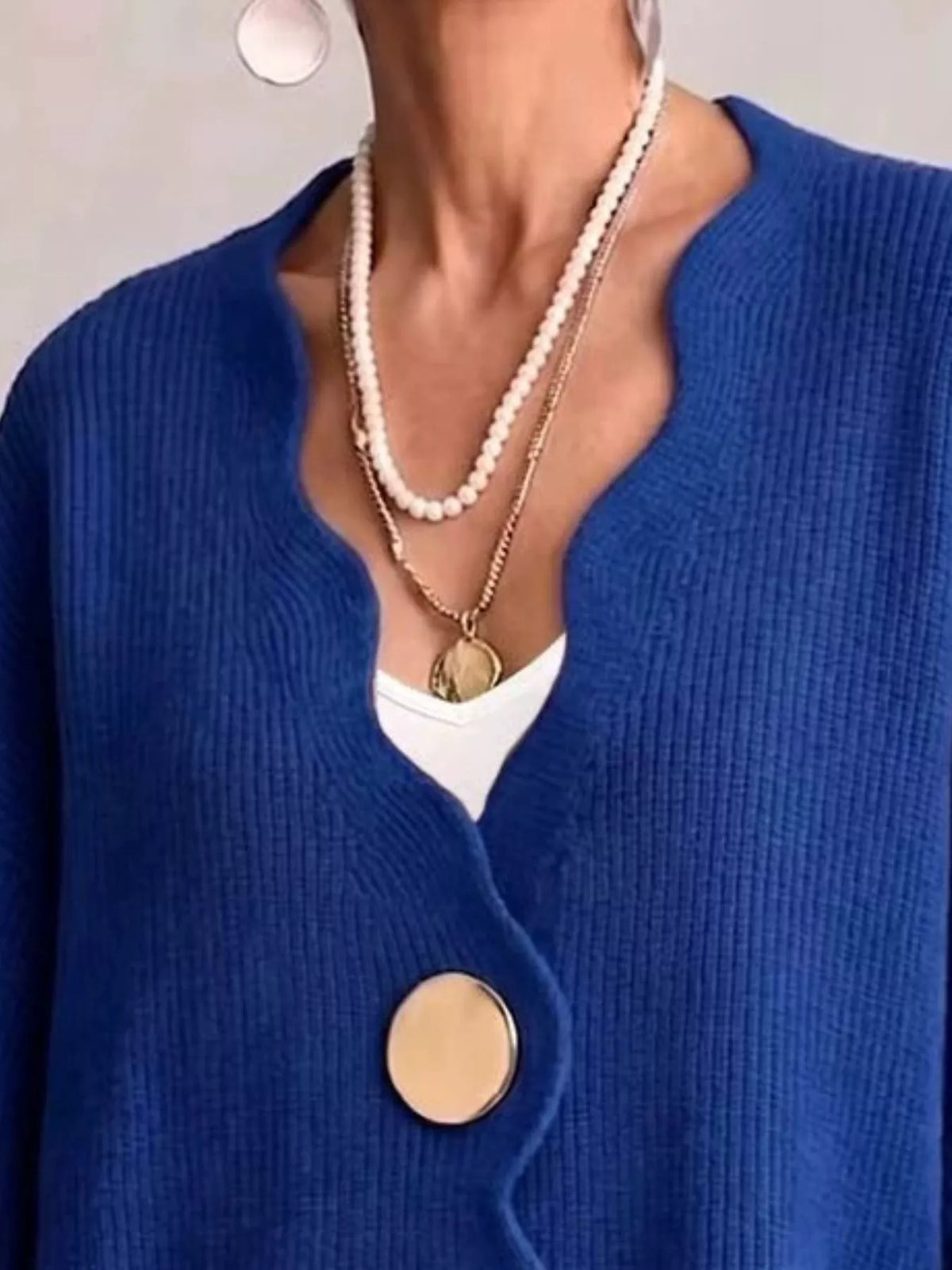 Women's Scalloped-Edge Oversized Button-Down Cardigan in Blue, alternate view