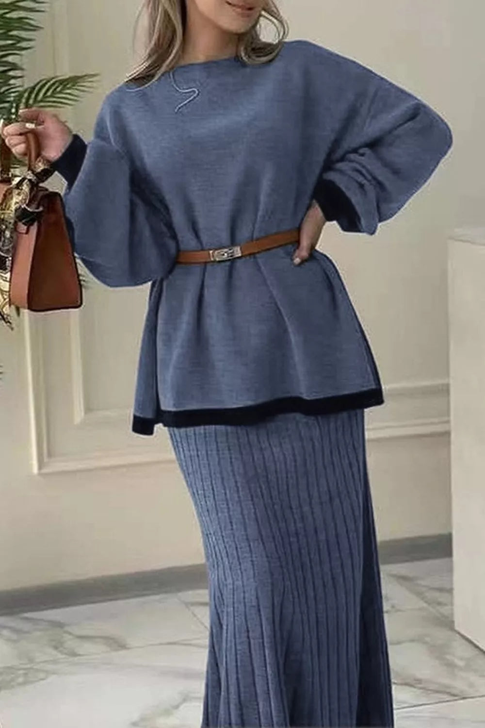 Trendsi Contrast Trim Ribbed Knit Sweater and Skirt Set -
