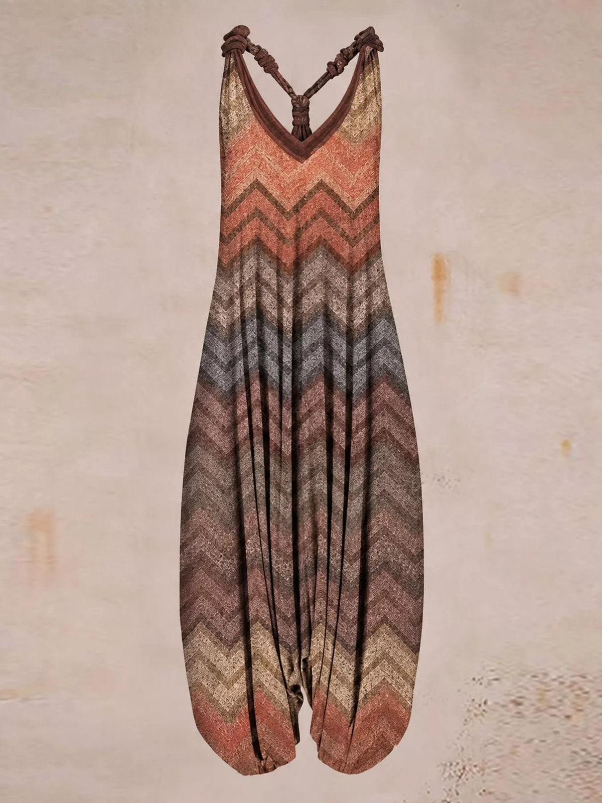 Rust chevron-print V-neck sleeveless jumpsuit