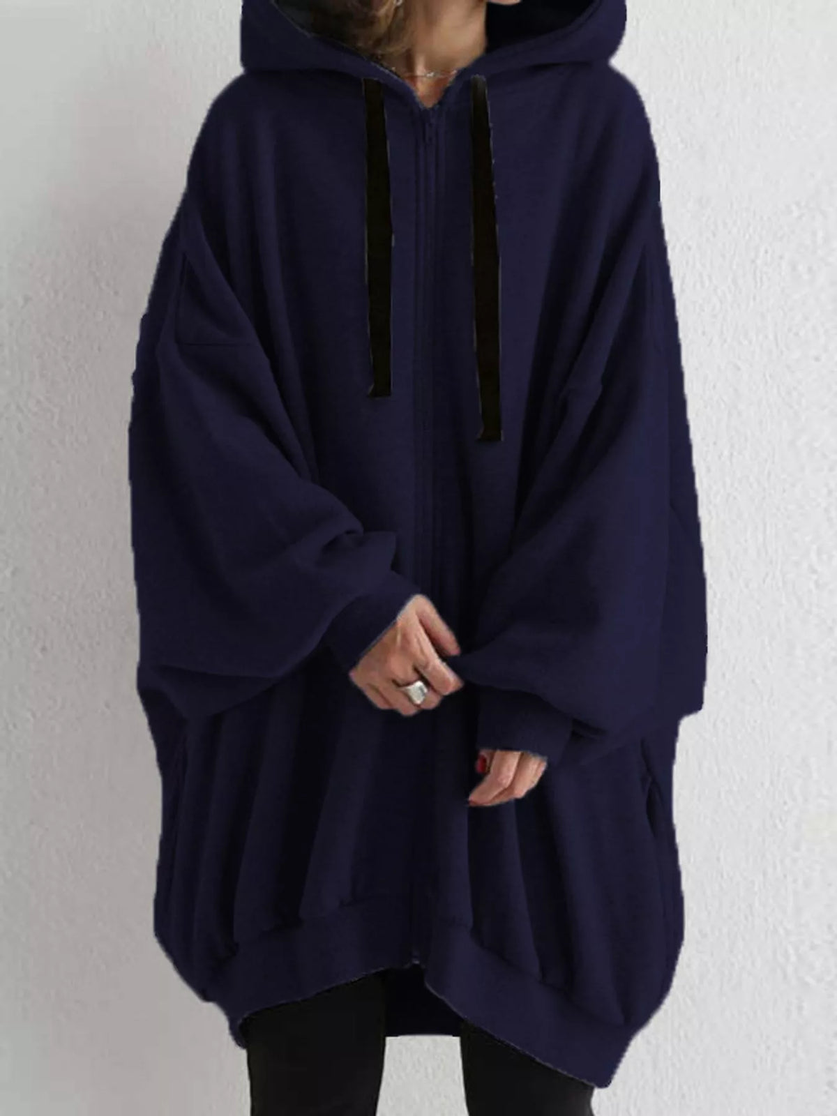 Dark Blue drawstring zip-up oversized hoodie
