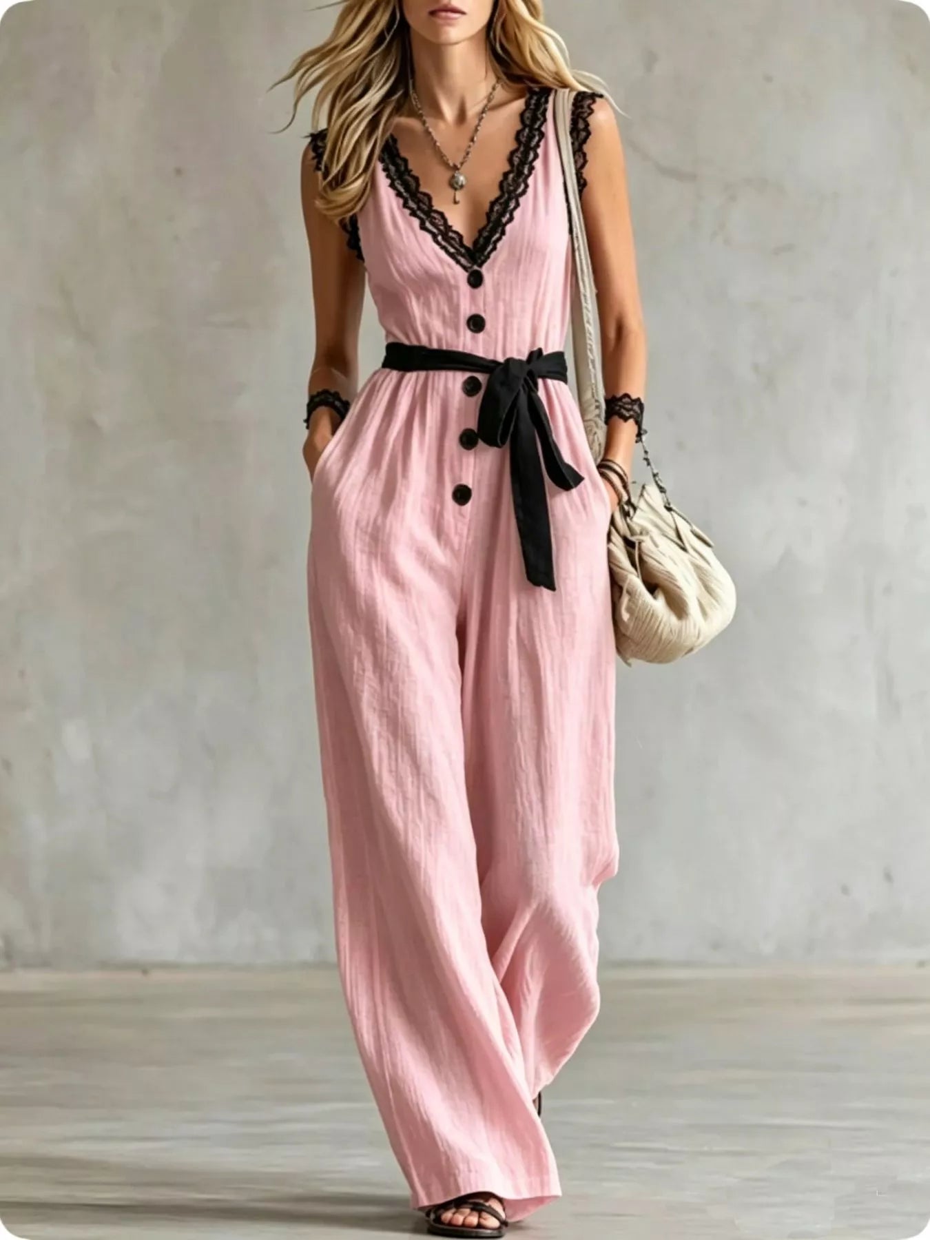 Trendsi Lace Detail V-Neck Sleeveless Jumpsuit -