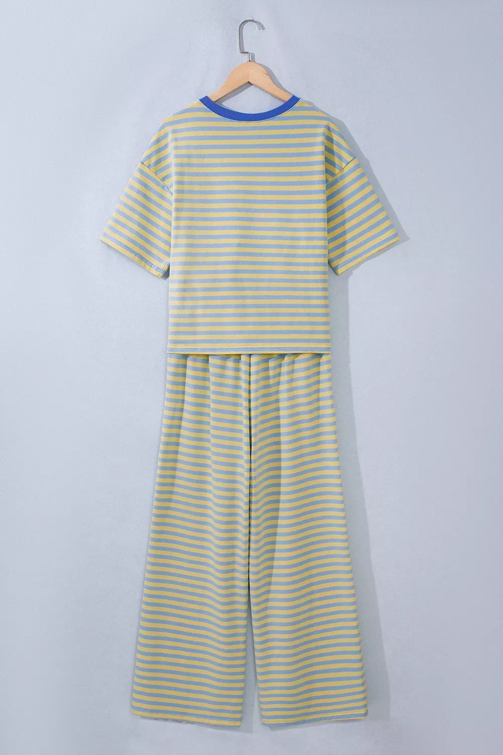 Trendsi Stripe Colorblock Trim Crew Neck Loose Tee Drawstring Elastic Waist 2pcs Pant Set -