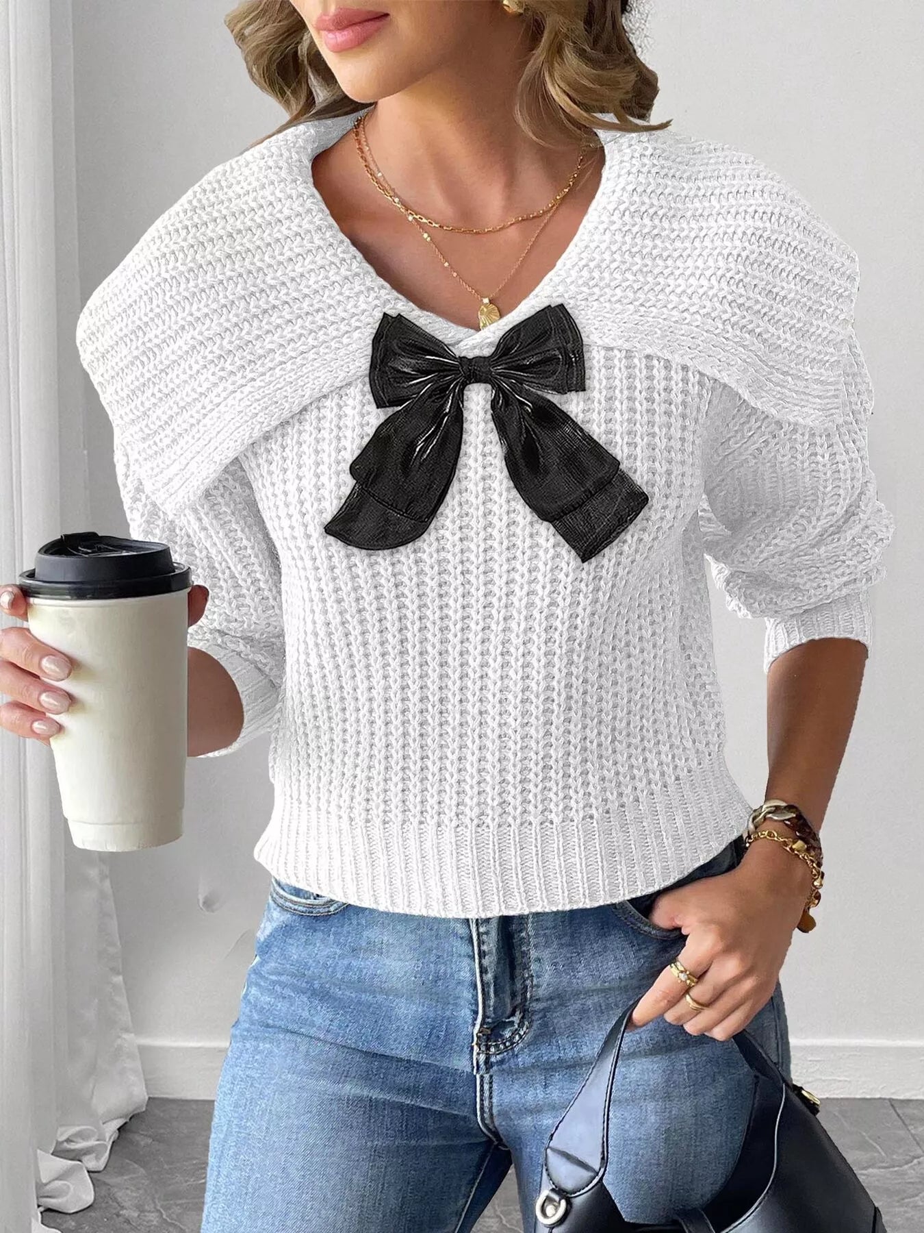 Trendsi Contrast Bow Long Sleeve Sweater -