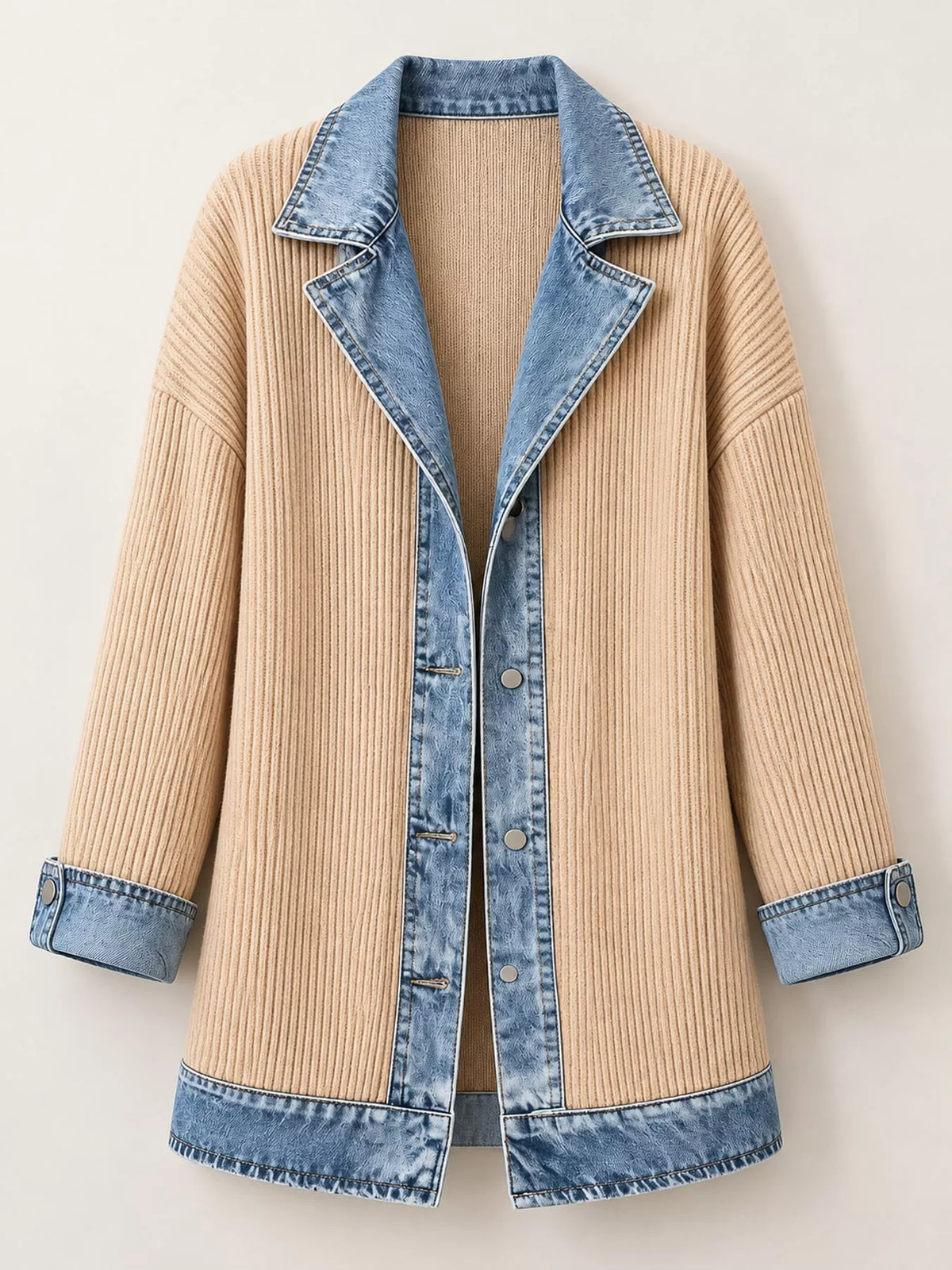Beige denim trim ribbed knit cardigan