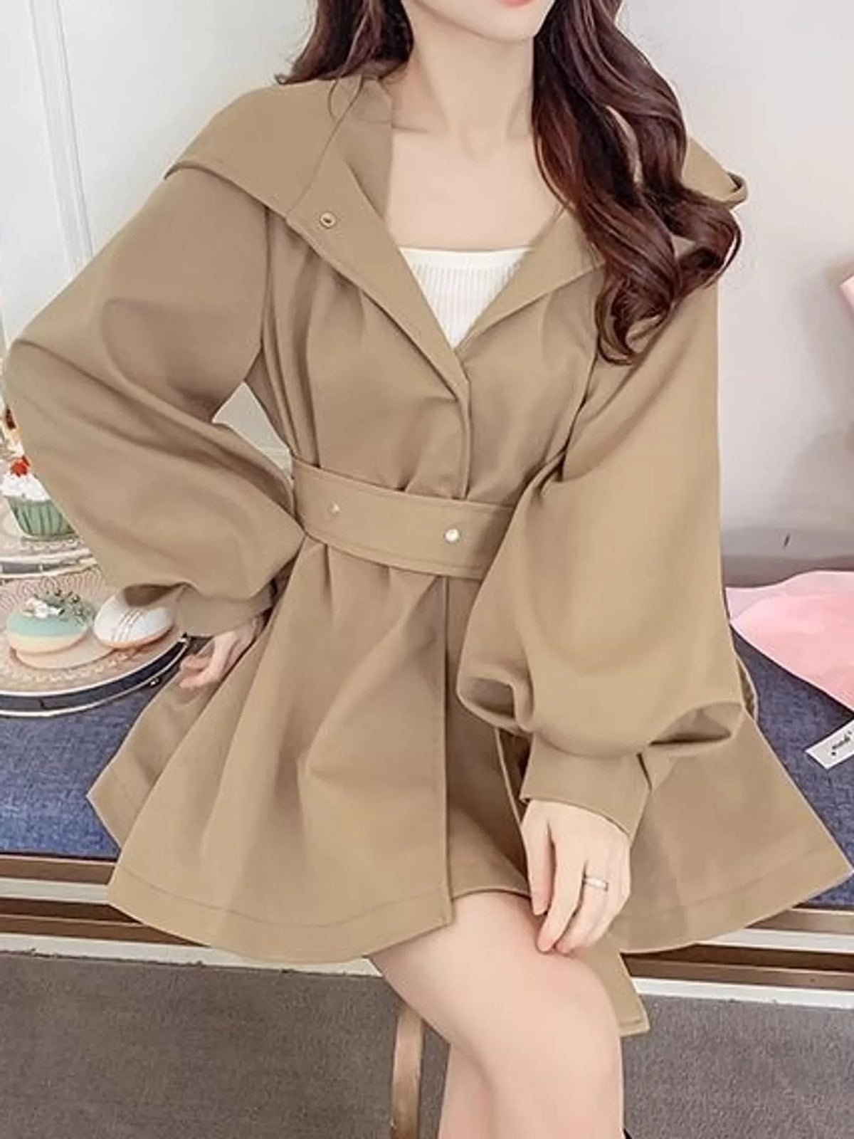Khaki lantern sleeve hooded belted jacket