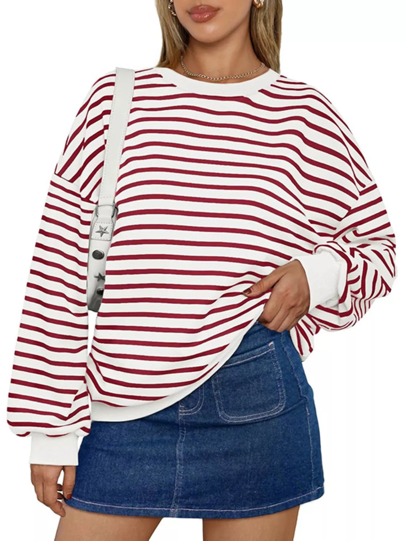 Trendsi Oversized Striped Crewneck Sweatshirt -