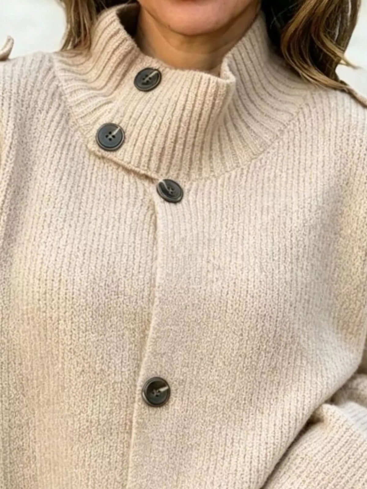 Mock neck long sleeve cardigan, construction and design details