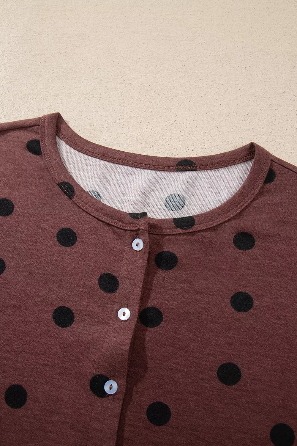Polka Dot Button Front Long Sleeve Shirt in brown, neckline detail