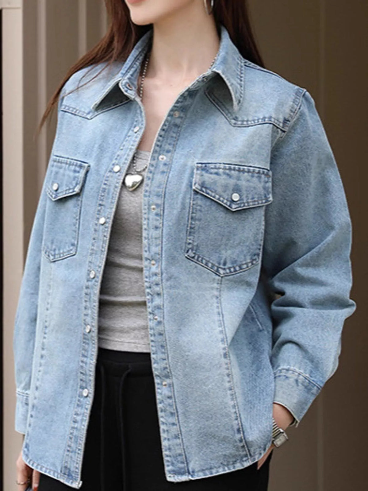 Snap Down Cropped Denim Shacket in blue