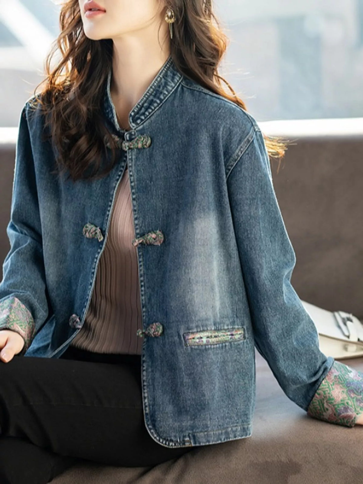 Blue knot button floral cuff denim jacket