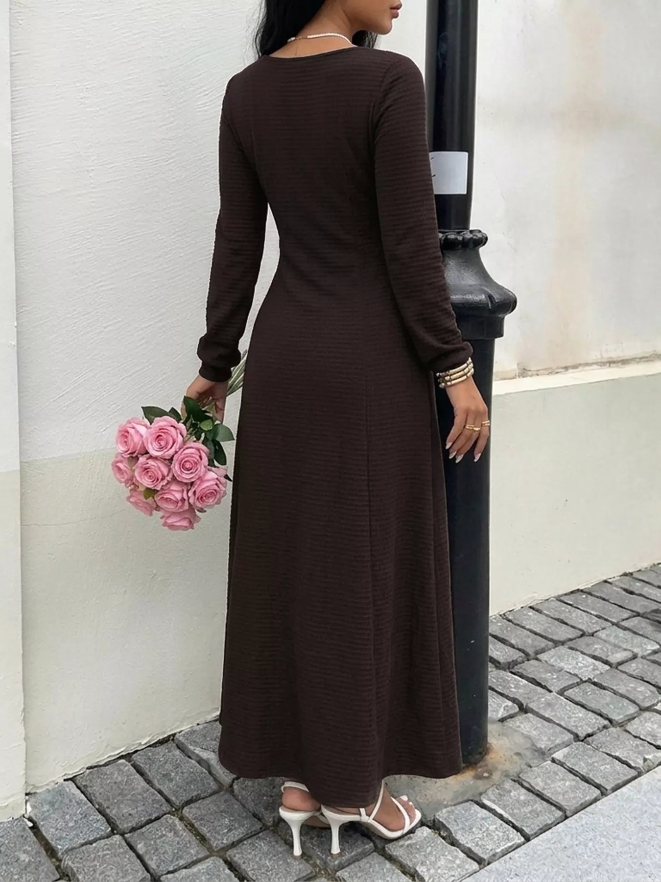 Trendsi Long Sleeve Tie-Front Maxi Dress -