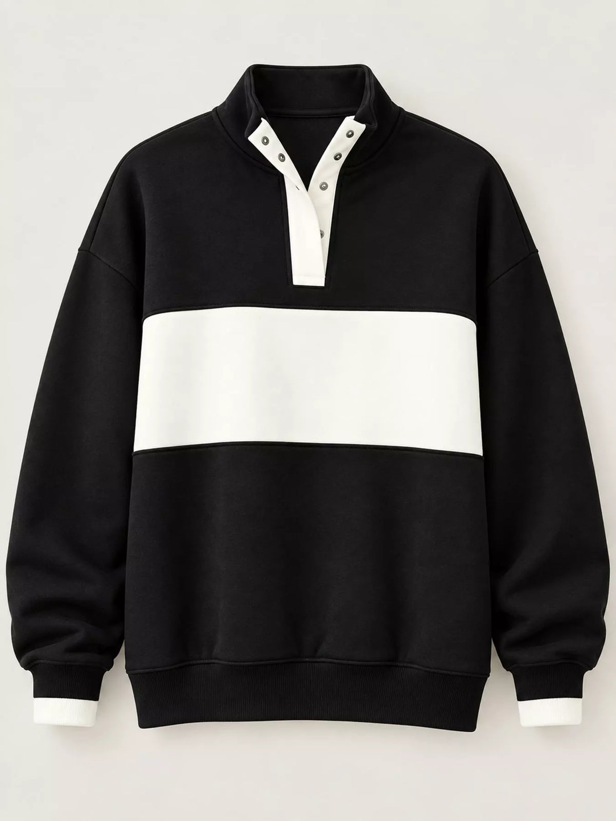 Black and cream color block snap-button sweatshirt