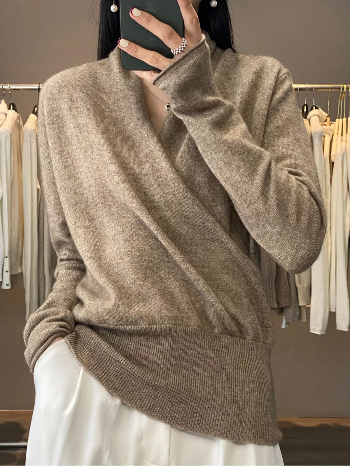 Taupe wrap-front sweater