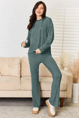 Trendsi Basic Bae Full Size Ribbed Drawstring Hooded Top and Straight Pants Set -
