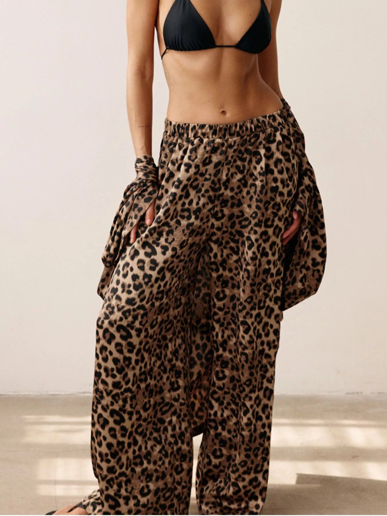 Trendsi Leopard Cardigan and Wide Leg Pants Lounge Set -