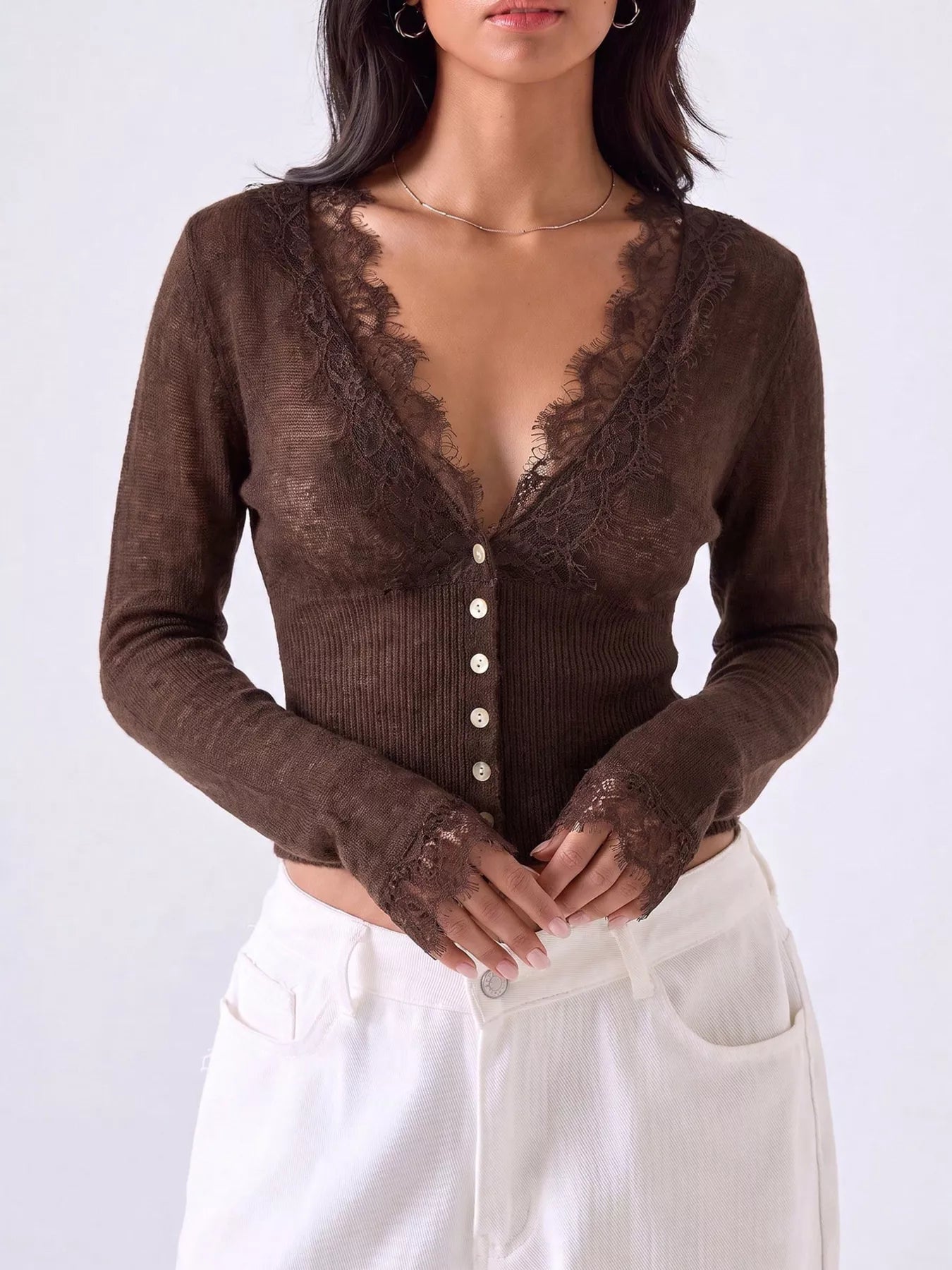 Trendsi Lace-Trimmed V-Neck Button-Down Cardigan -