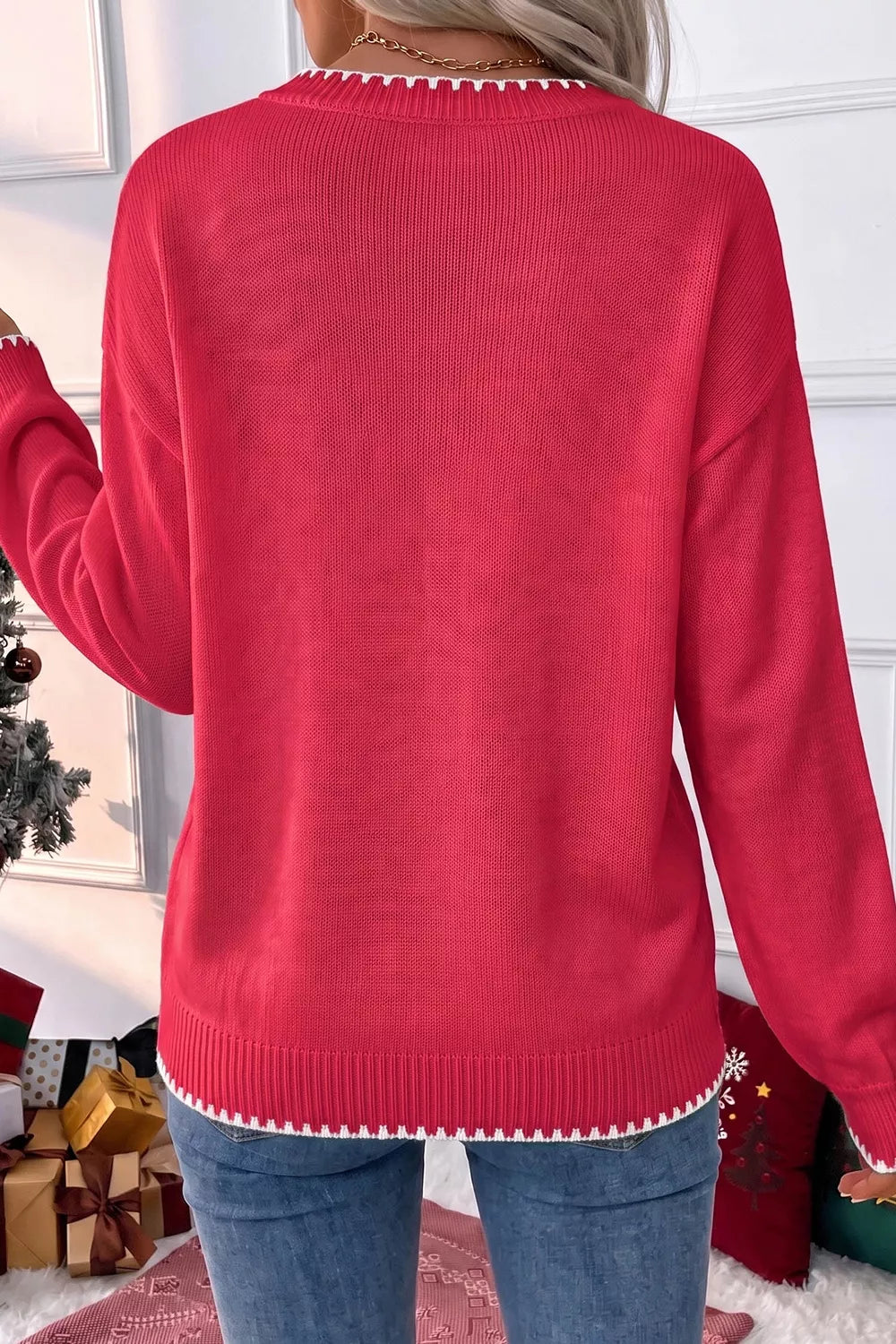 Christmas Tree Contrast Stitch Sweater in scarlet, back view