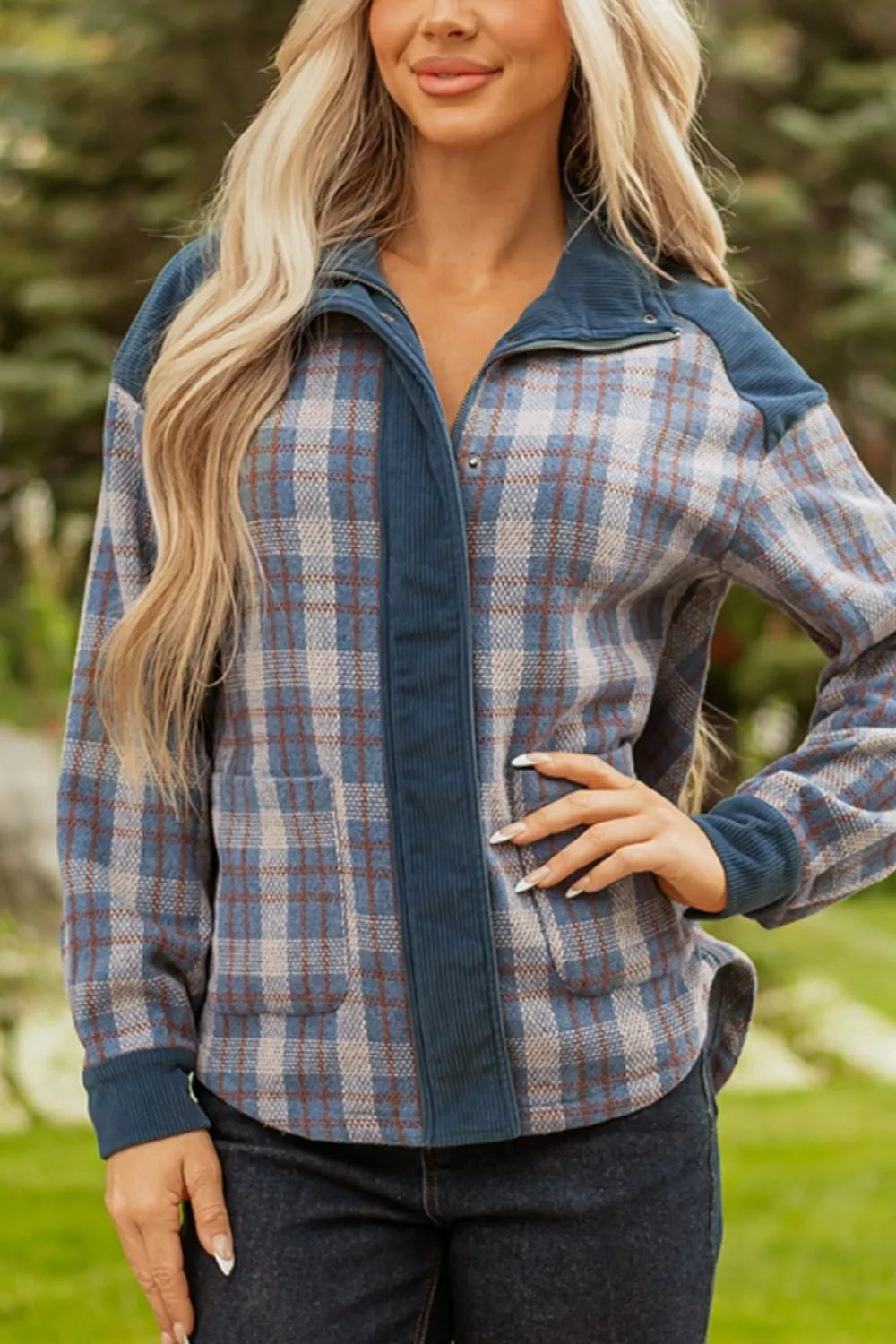 Trendsi Plaid Corduroy Patchwork Collared Zip Up Snap Button Jacket -