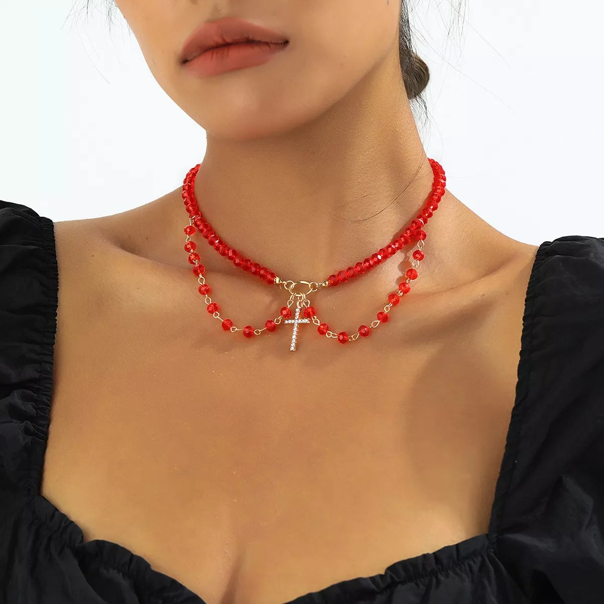 Trendsi Halloween Beaded Cross Pendant Necklace -