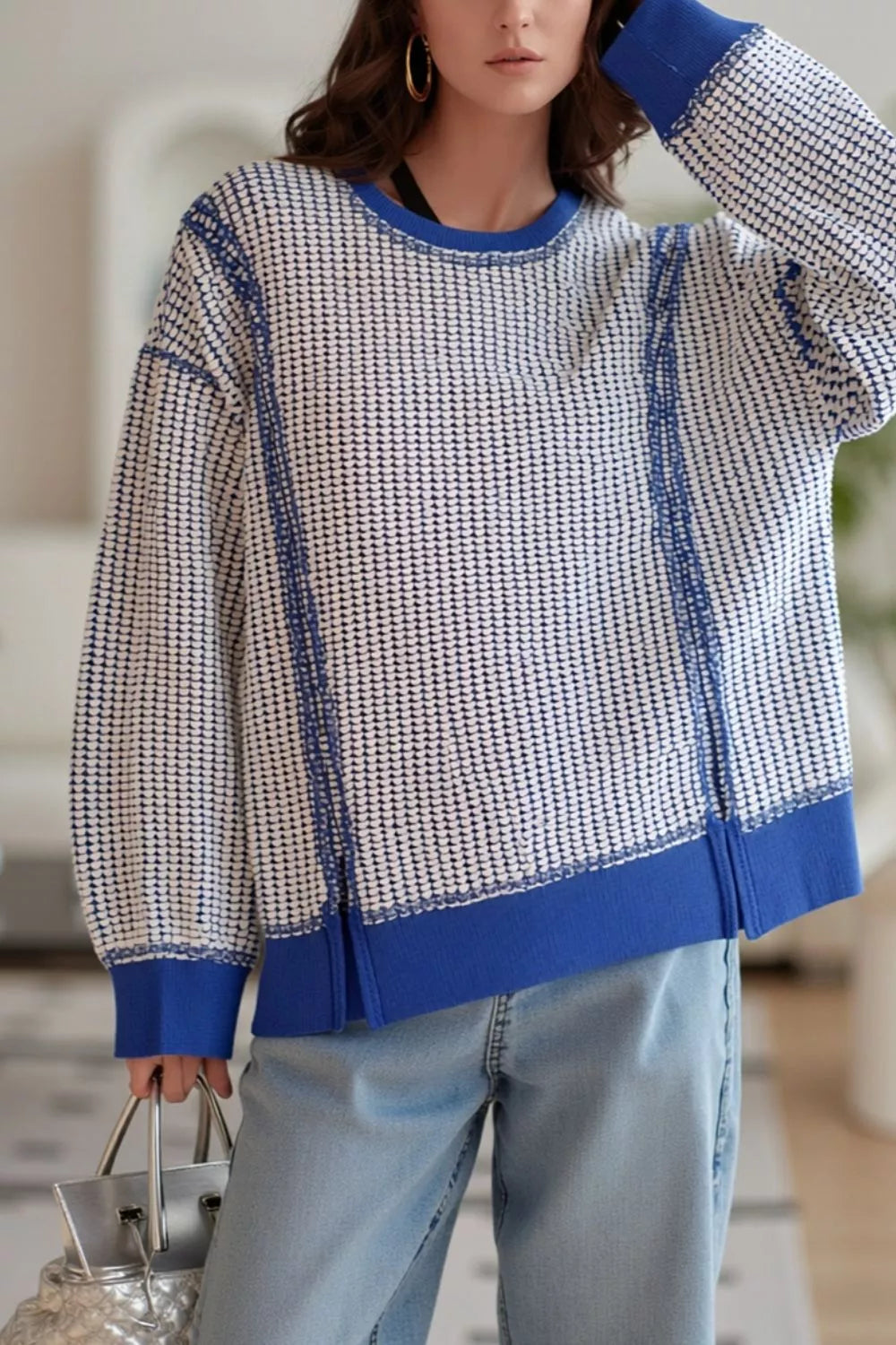 Trendsi Exposed Seam Textured Crew Neck Sweatshirt -