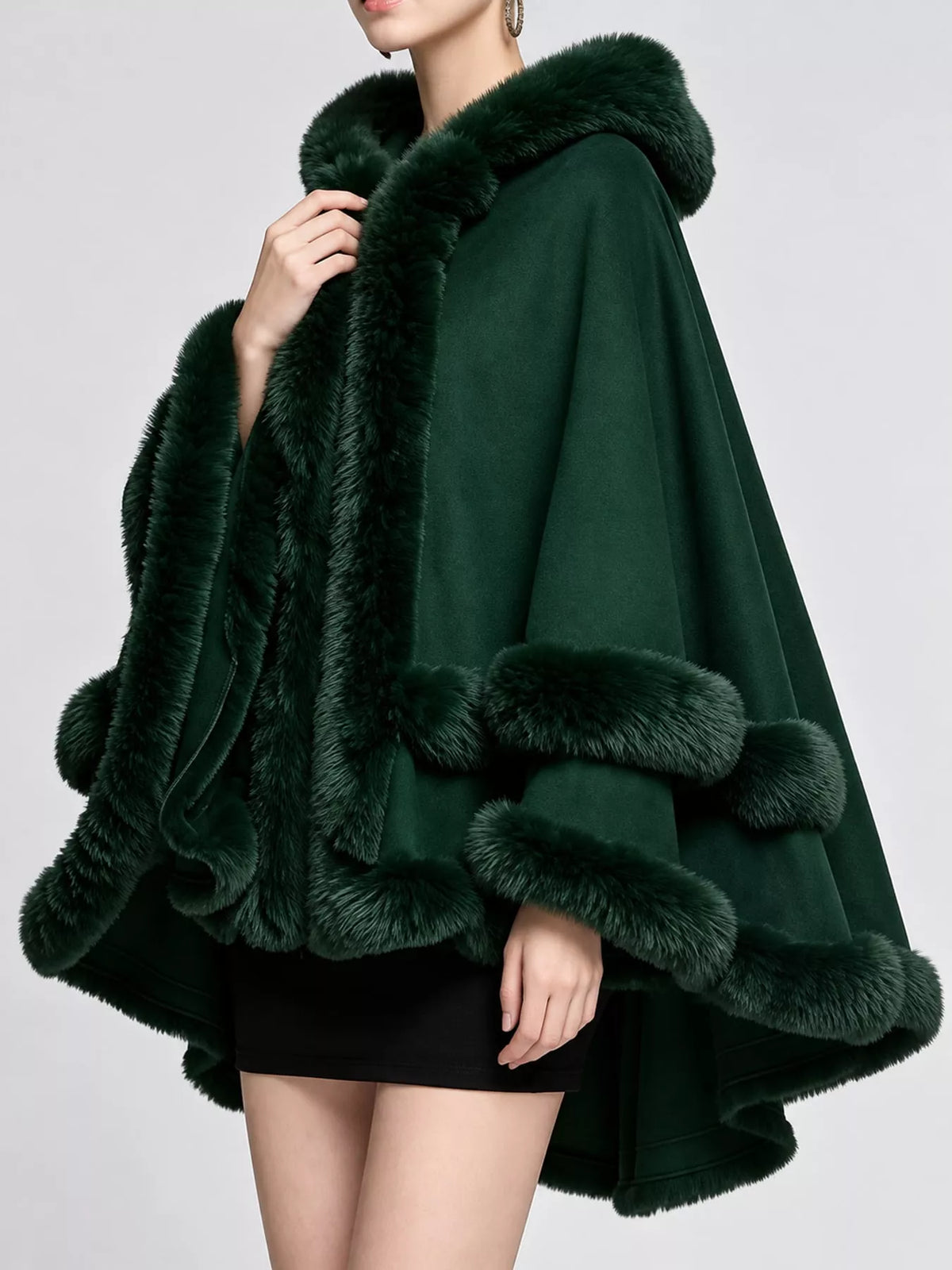 Faux-fur-trim cape, green side