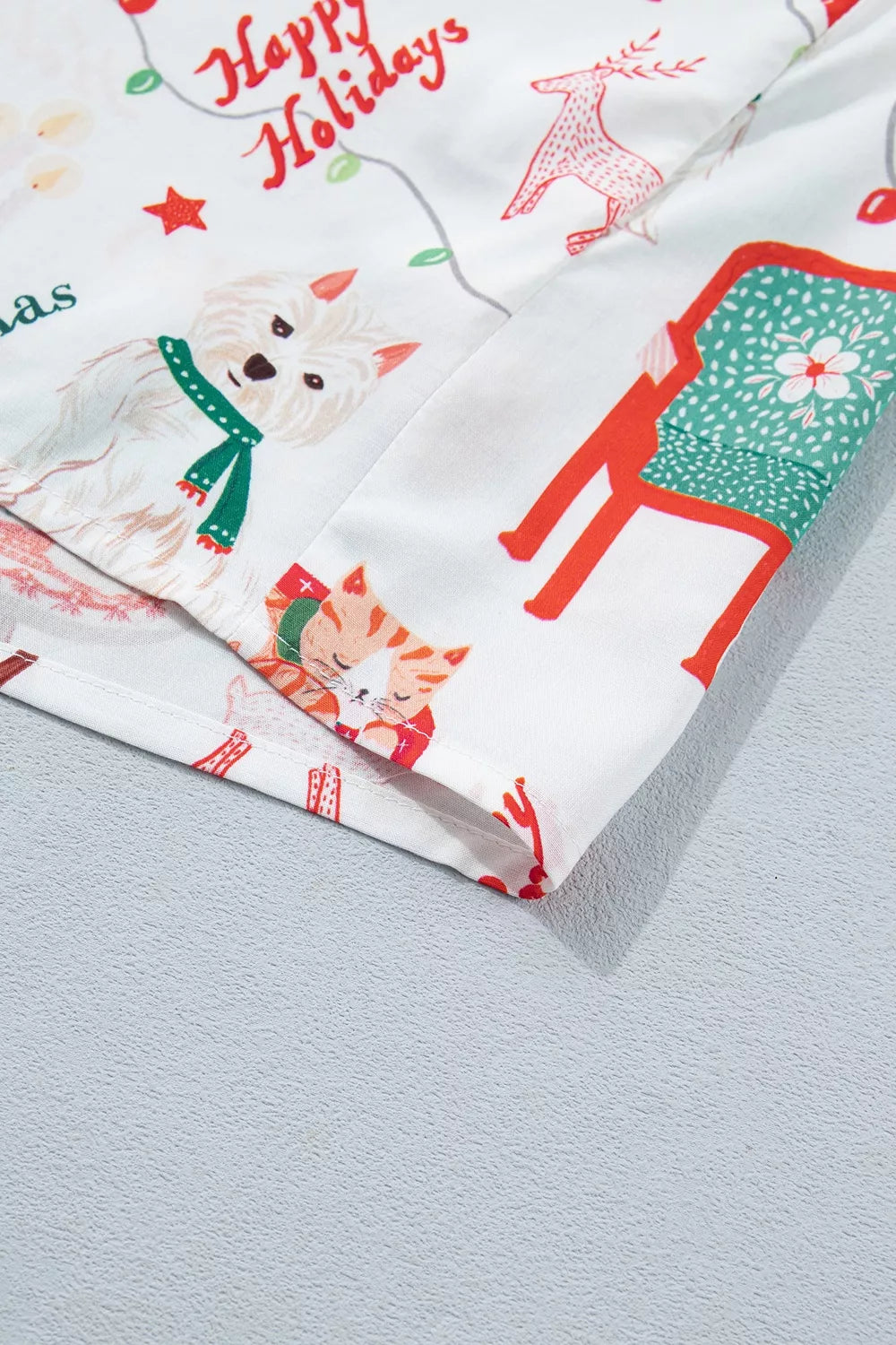 Christmas Print Button-Front Lounge Set, pants hem detail