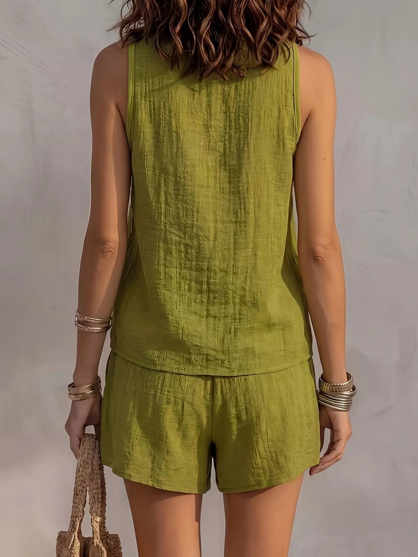 Trendsi V-Neck Tank & Button-Down Shirt and Shorts Set -