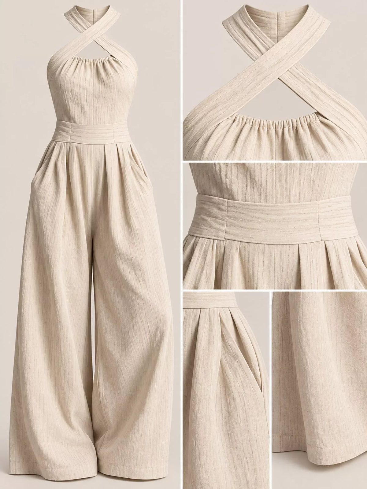 Wide-leg jumpsuit, cream detail collage