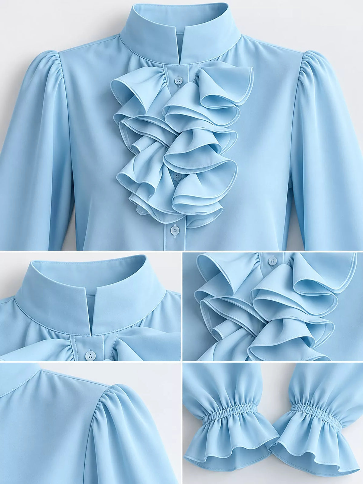 Ruffled Stand-Collar Blouse with Long Lantern Sleeves, collar cuff and placket details
