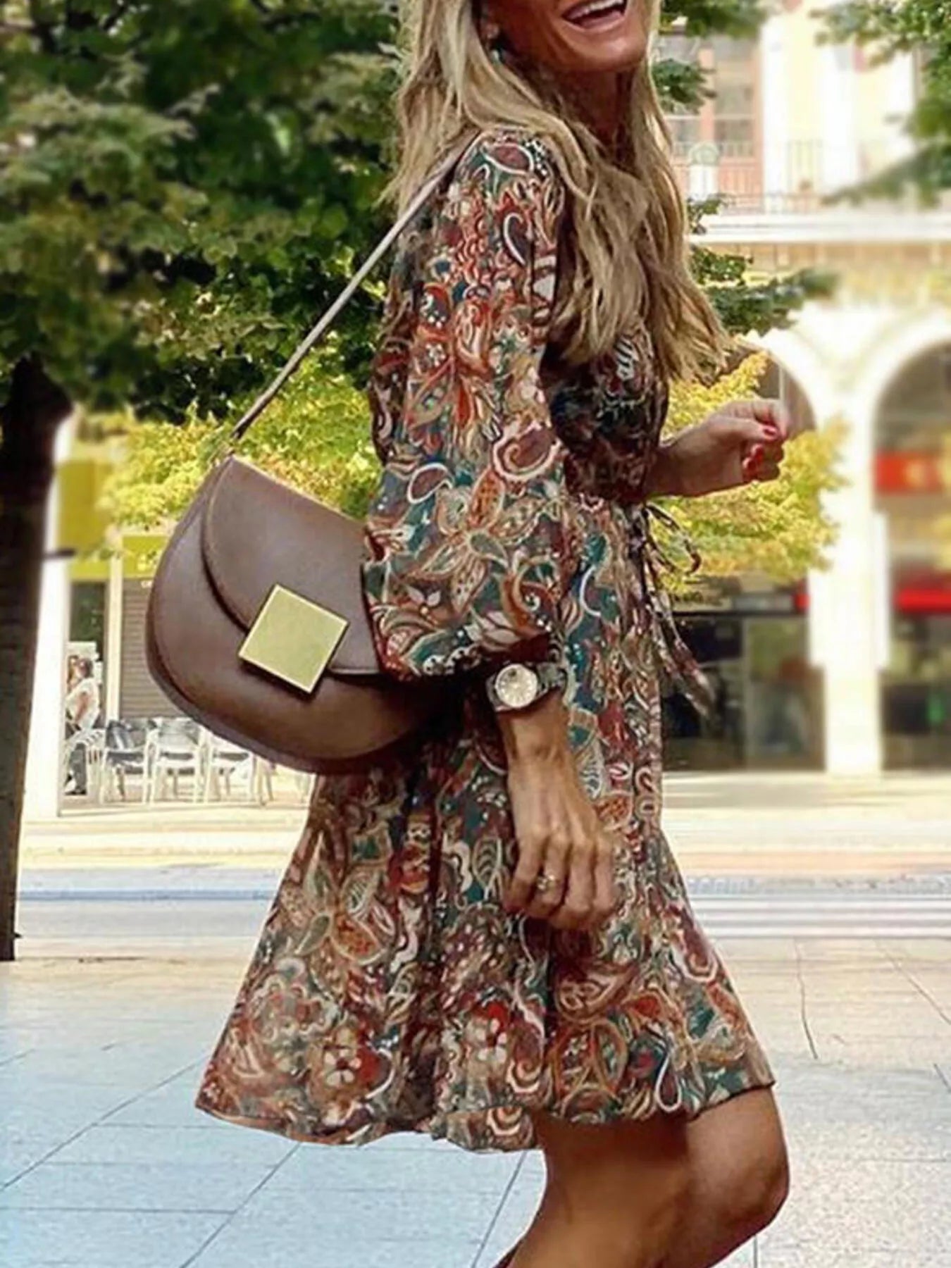 Trendsi Full Size Paisley Print Long Sleeve Mini Dress Plus Size -