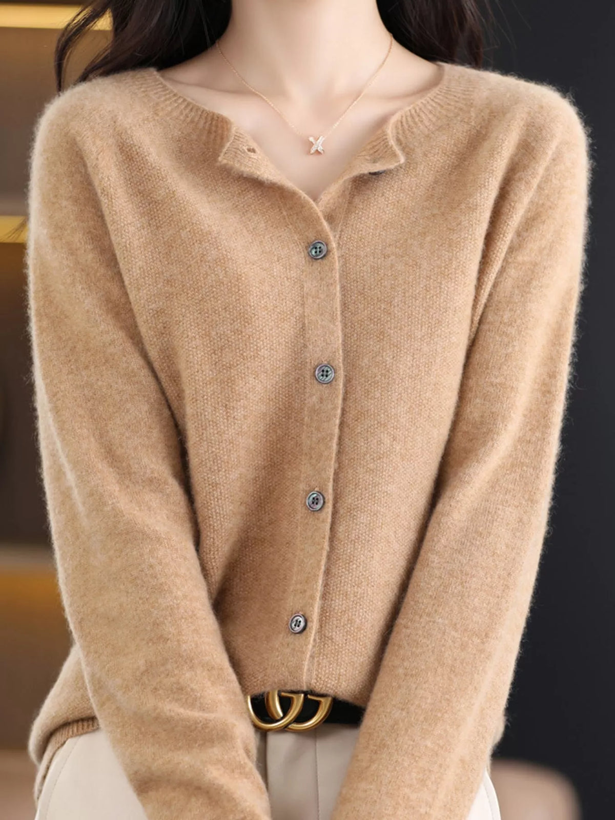 Round neck long sleeve cardigan, front view on model