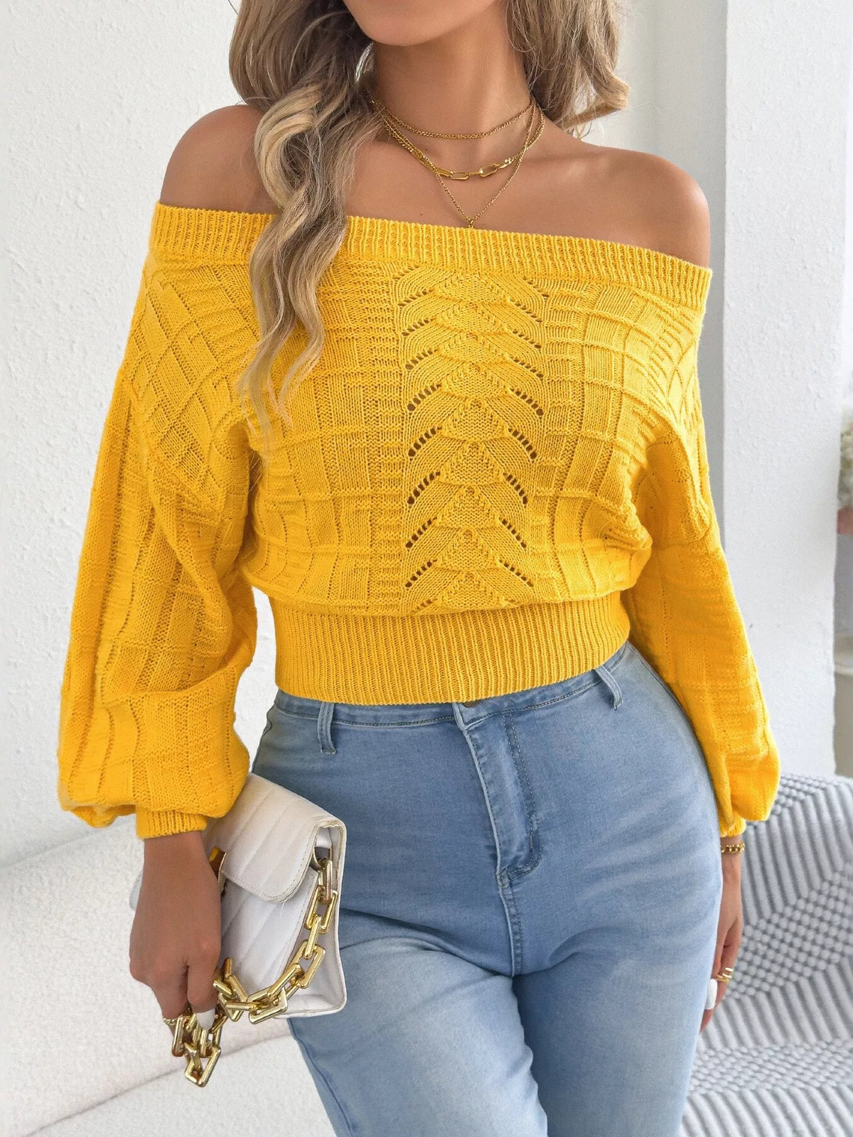 Yellow off-shoulder openwork cropped sweater