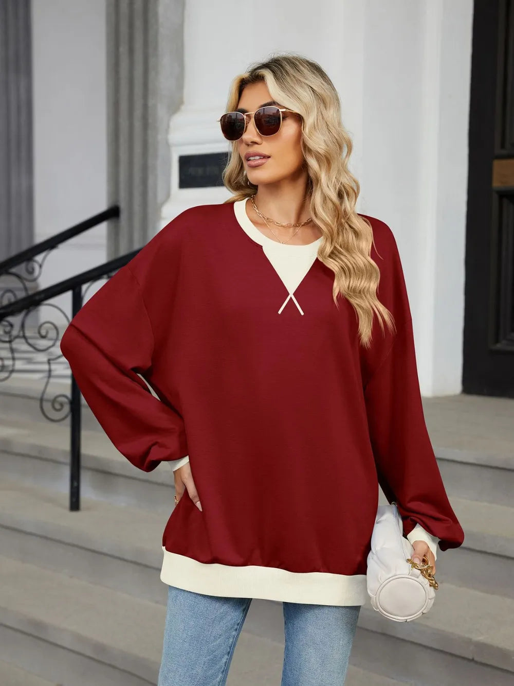 Trendsi Contrast Round Neck Long Sleeve Sweatshirt -