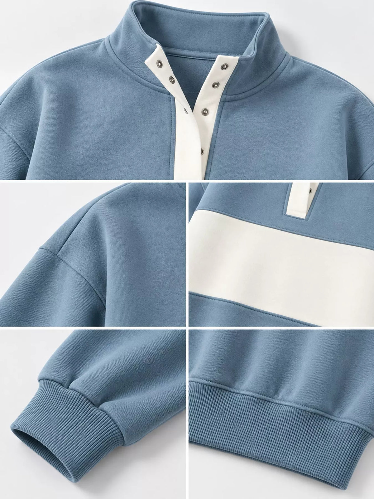 Blue and cream color block snap-button sweatshirt, snap neckline, contrast panel, cuff, and hem close-ups