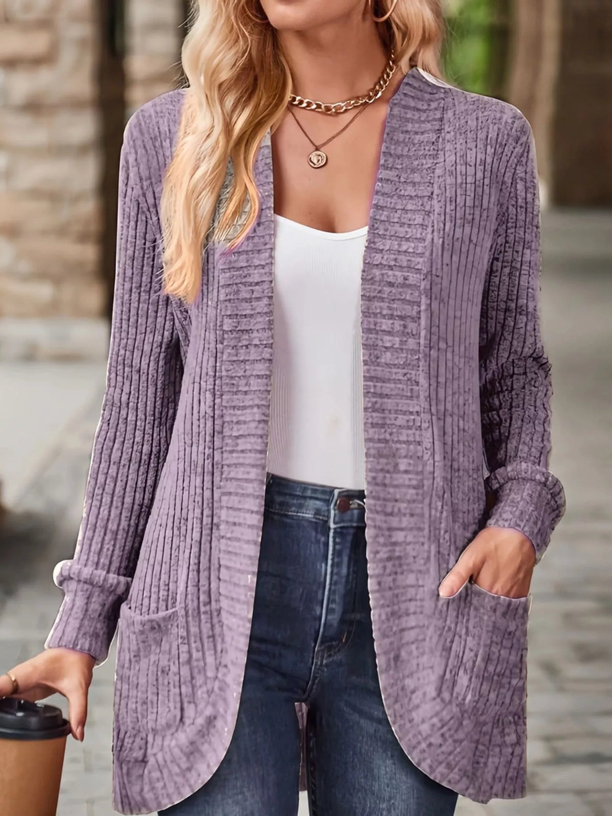 Ribbed Knit Open Front Cardigan with Pockets — front view