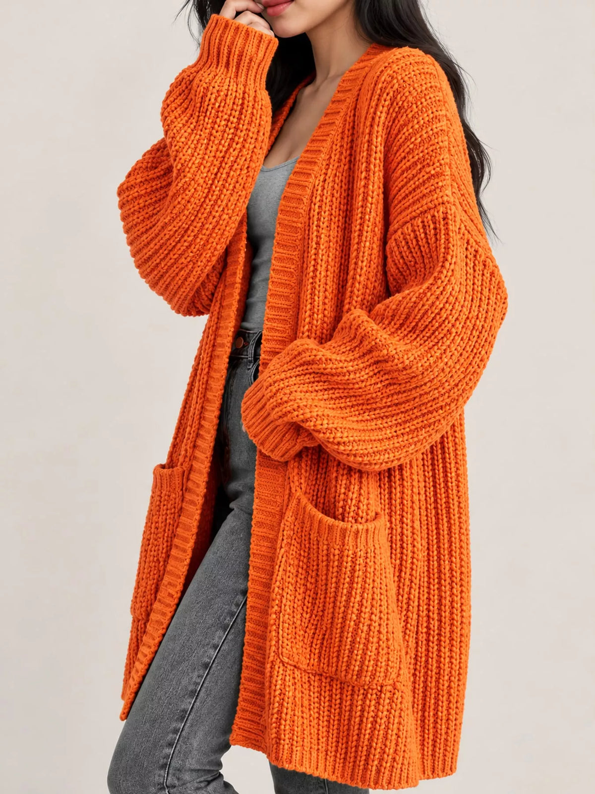 Longline knit cardigan, orange side