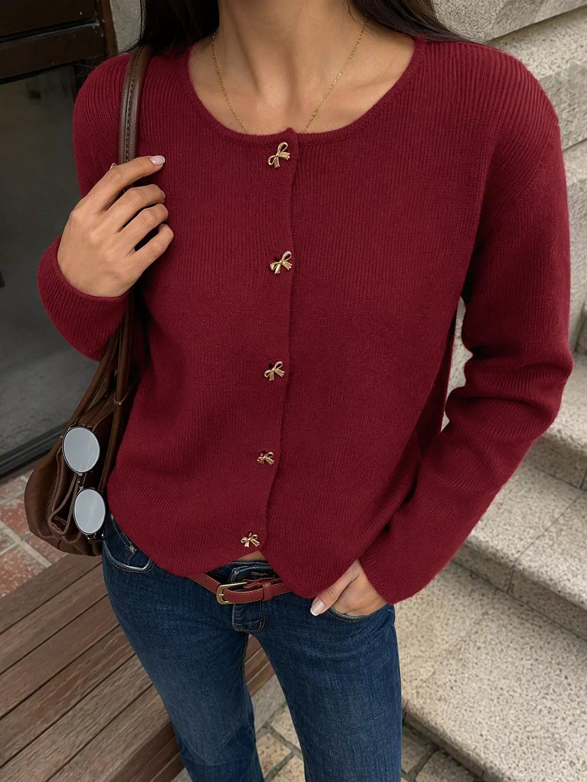 Bow button up knit cardigan