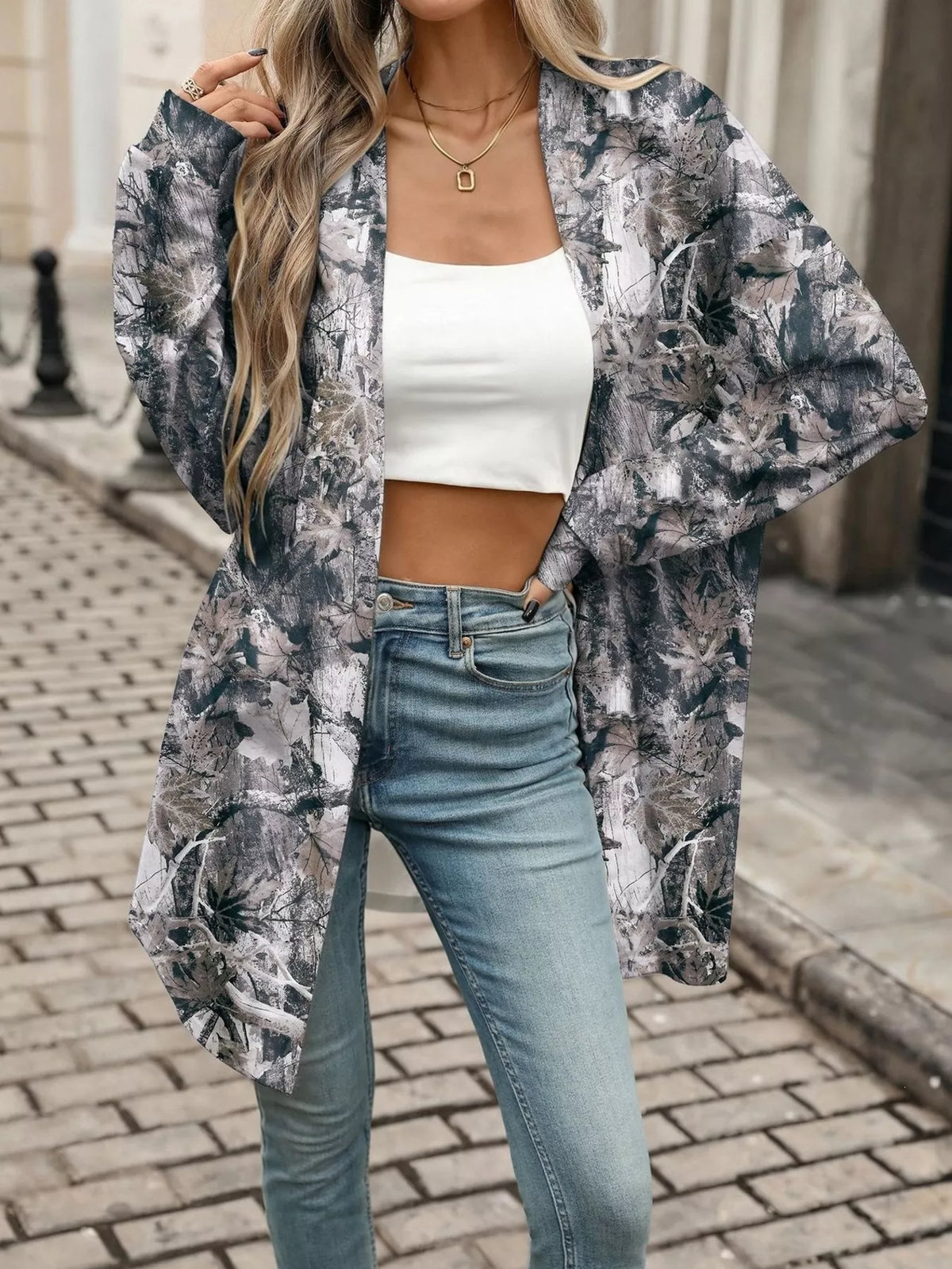 Trendsi Printed Open Front Cardigan -