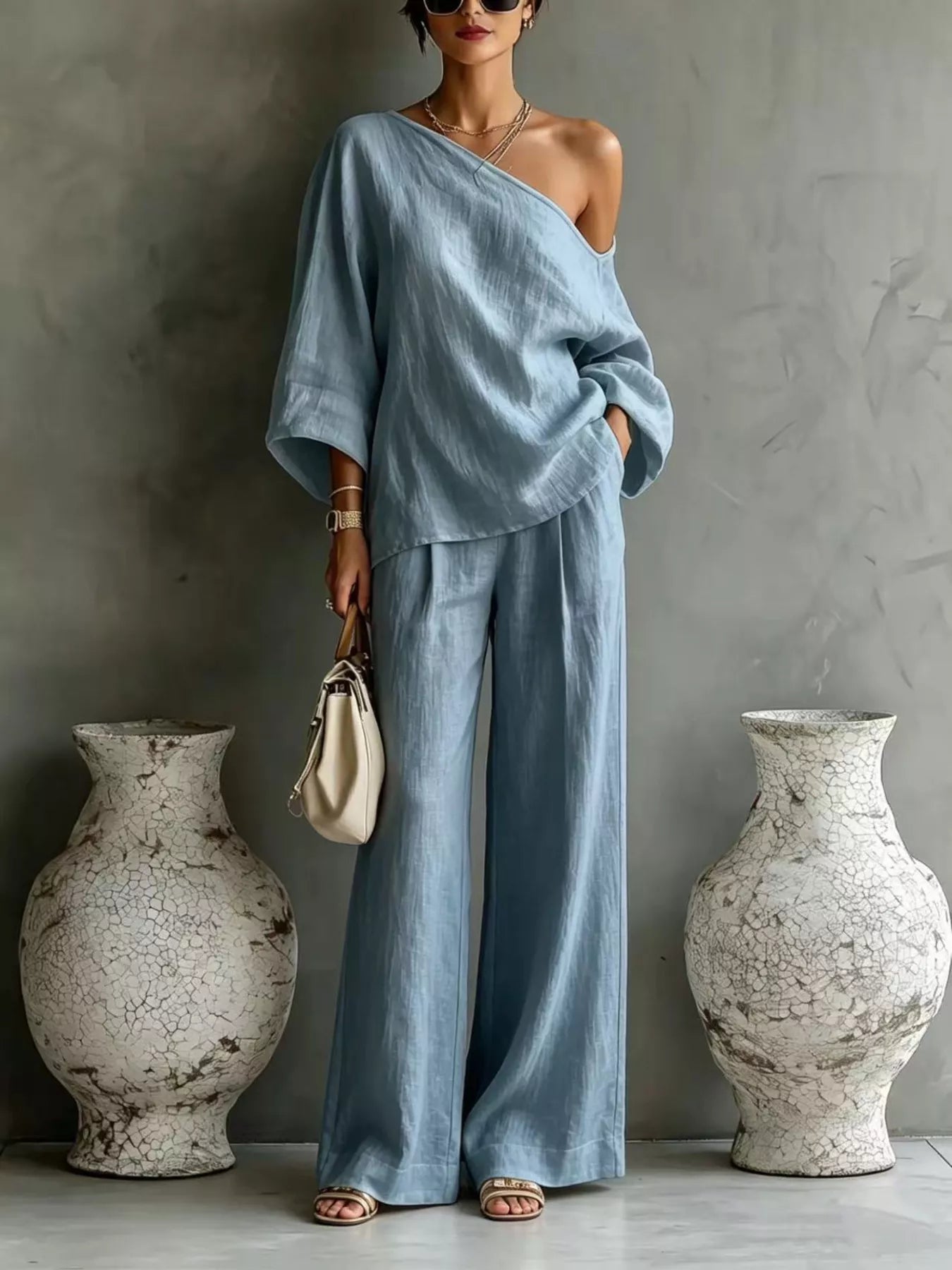 Trendsi One Shoulder Top and Wide Leg Pants Set -