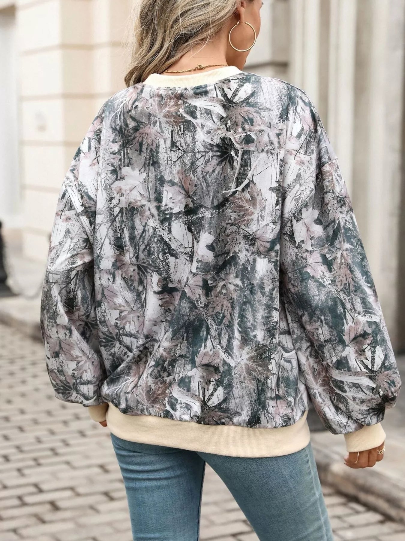 Trendsi Leaf Print Sweatshirt with Contrasting Trim -