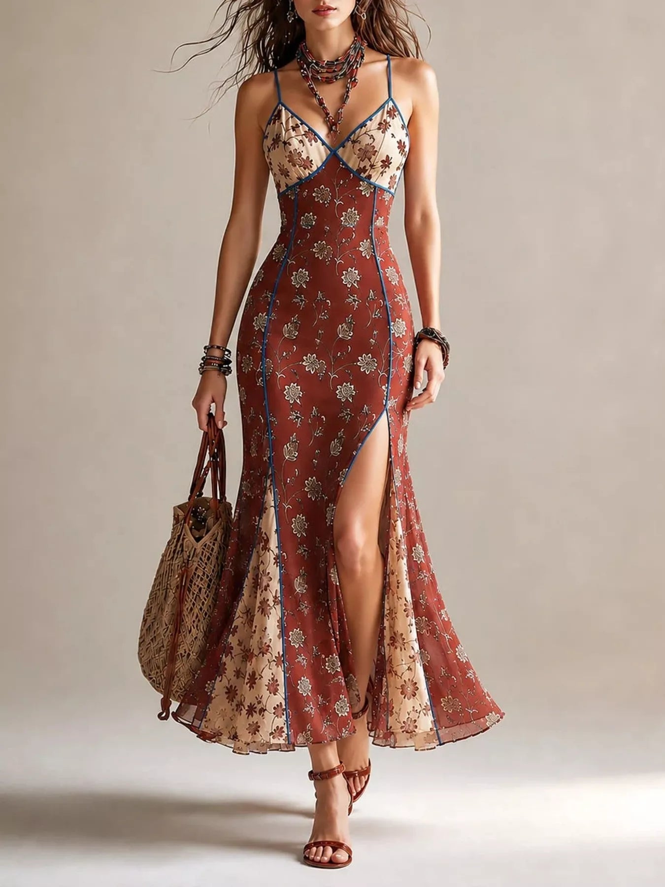 Trendsi Floral Print Spaghetti Strap Maxi Dress with High Slit -