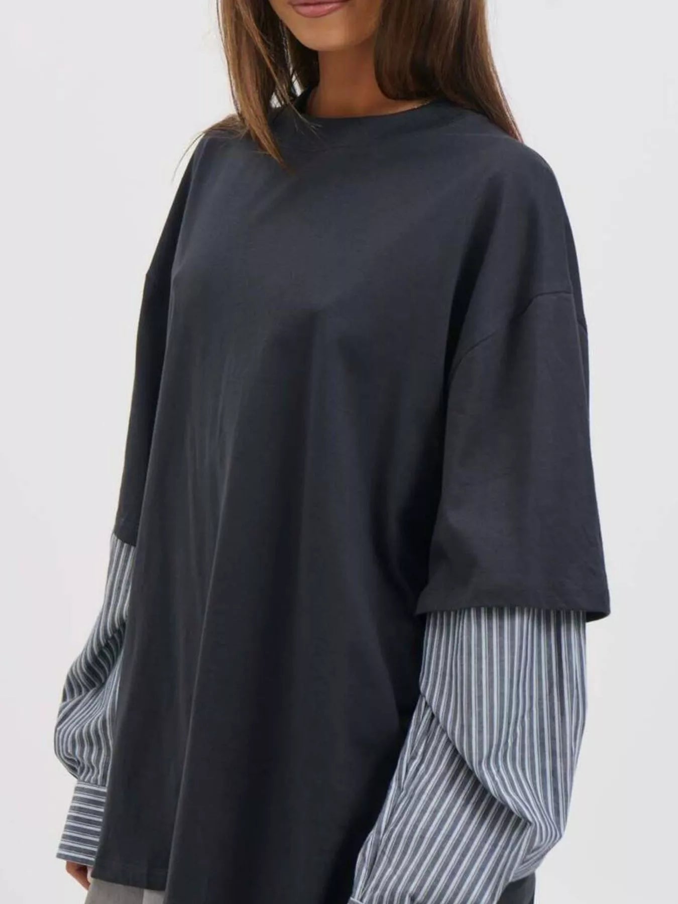 Trendsi Oversized Layered-Look T-Shirt with Striped Sleeves -