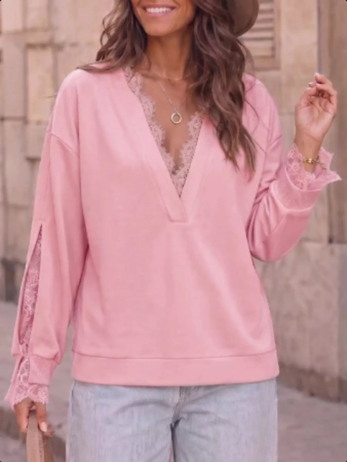 Lace Trim Split Sleeve Sweatshirt in pink, front view