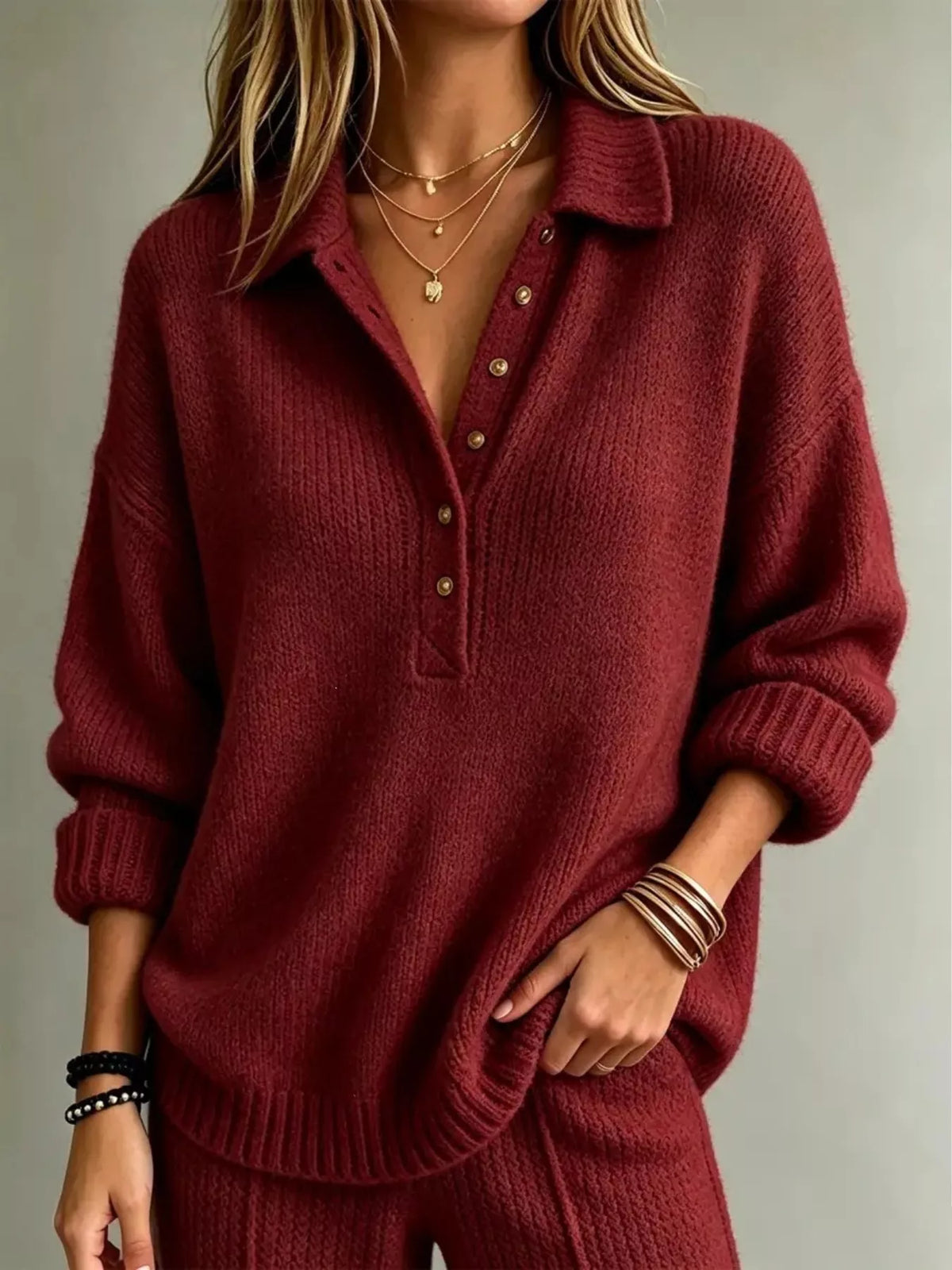 Women's Button Detail Dropped Shoulder Sweater in burgundy — front view