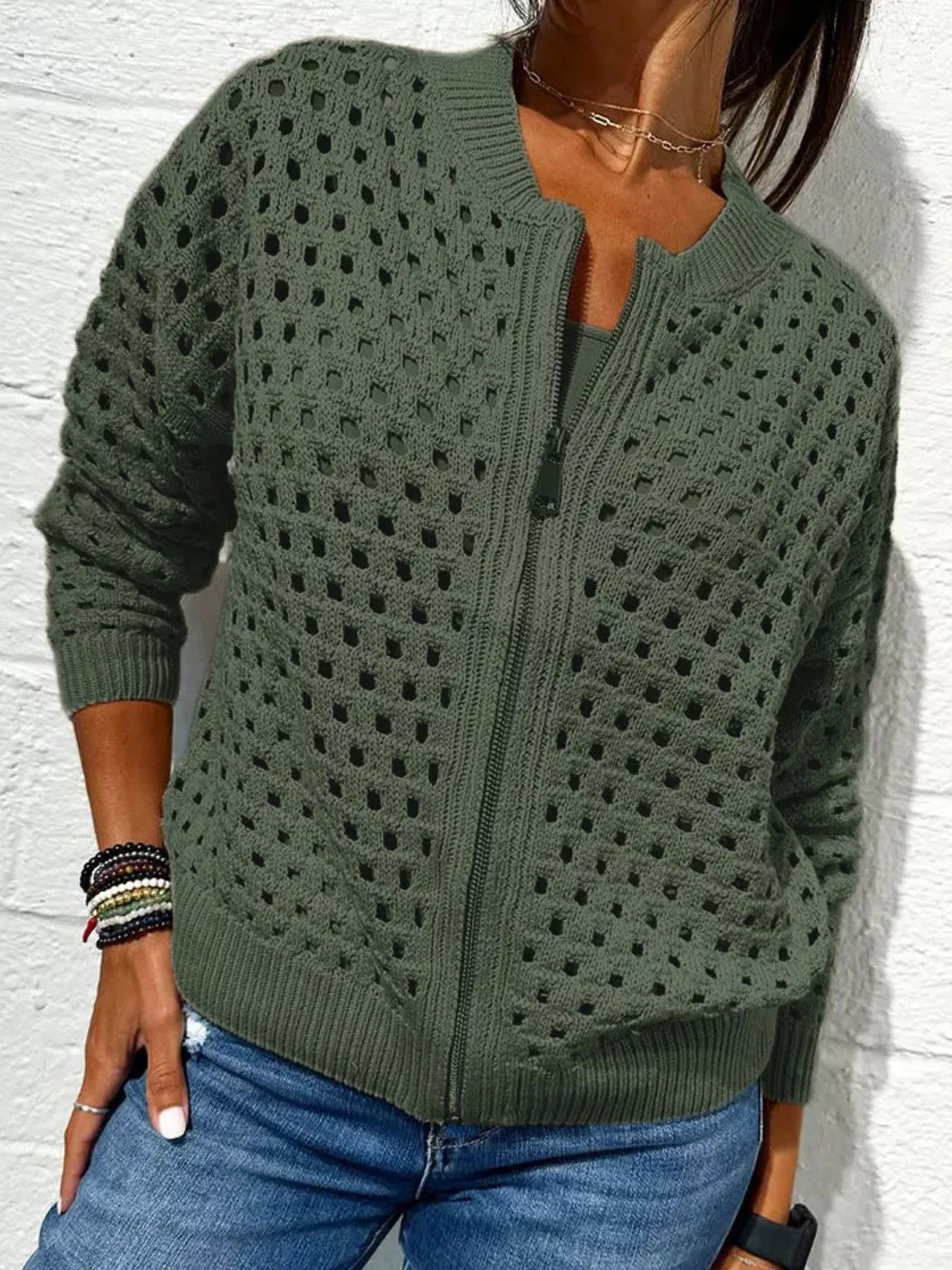 Trendsi Full Size Crochet Knit Zip-Up Cardigan Plus Size -