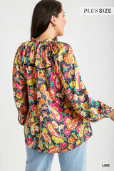 Trendsi Umgee Full Size Satin Paisley Ruffle Neck Button-Up Shirt Plus Size -